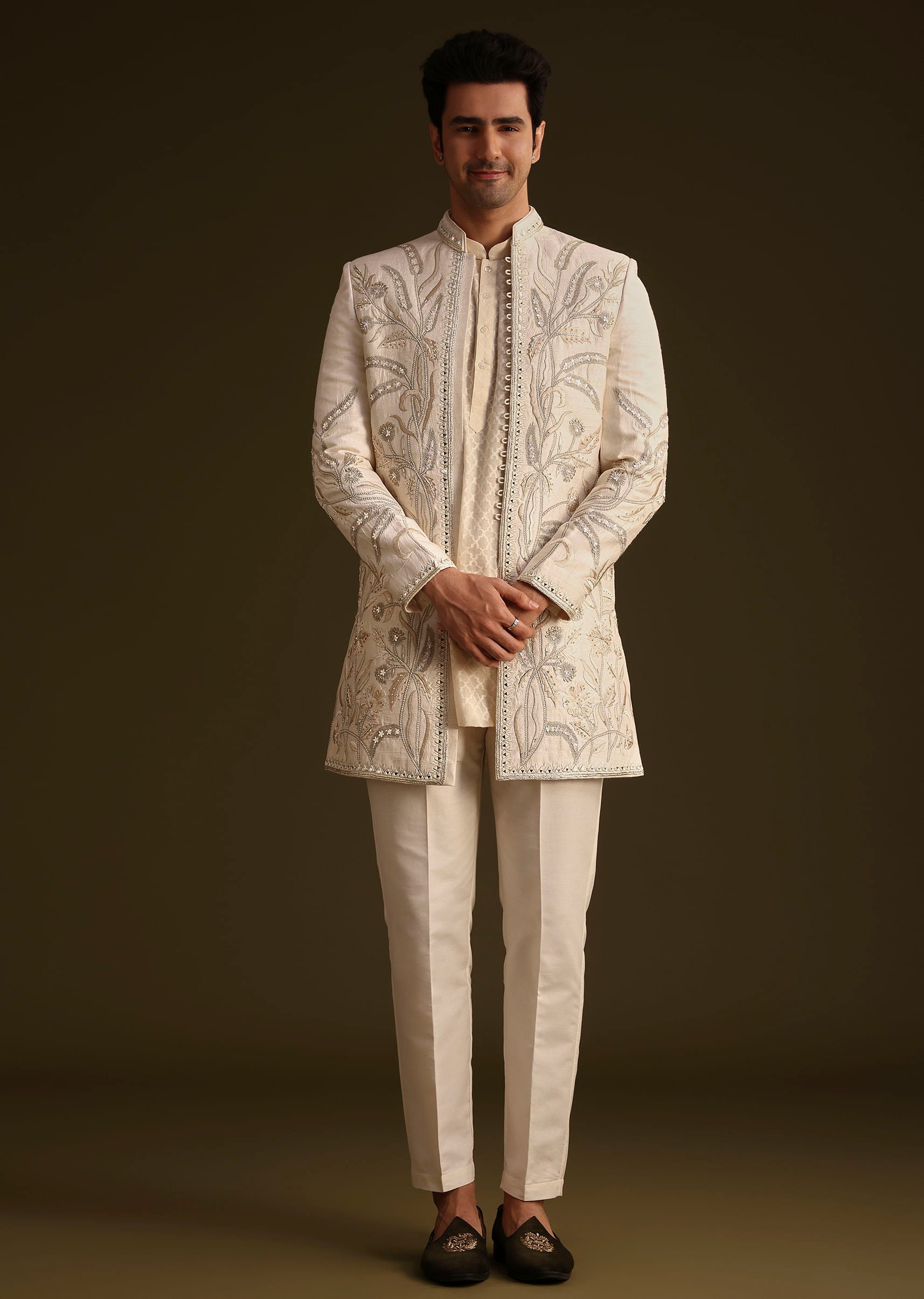 Ivory Silk Indo Western Set With Zardosi Work