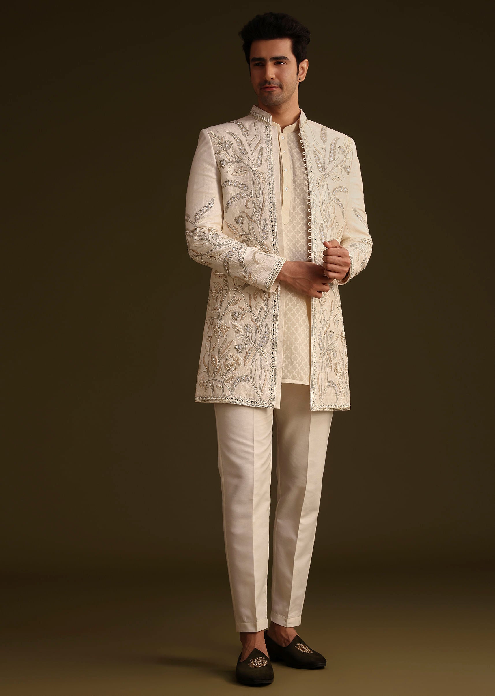 Ivory Silk Indo Western Set With Zardosi Work