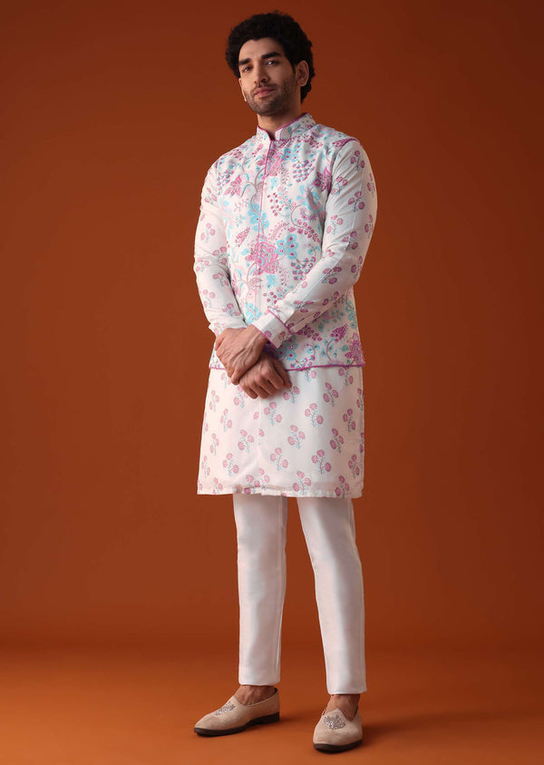 Ivory White Embroidered Jacket Kurta Set In Cotton Silk