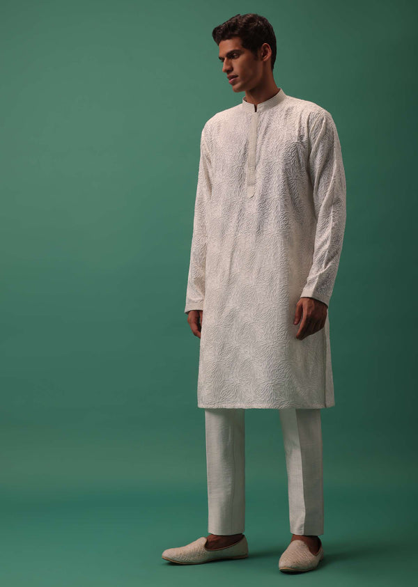 Ivory White Textured Sherwani Set With Fusing Pants