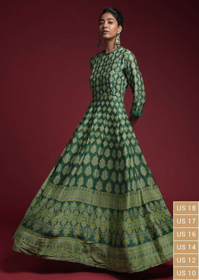 Bottle Green Anarkali Dress In Cotton With Printed Ethnic Buttis Online - Kalki Fashion