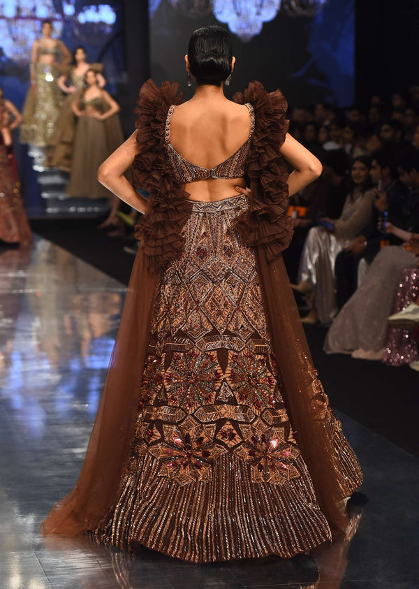Dark Brown Exemplar Lehenga Set With Heavy Embroidery And Ruffle Shrug - NOOR 2022