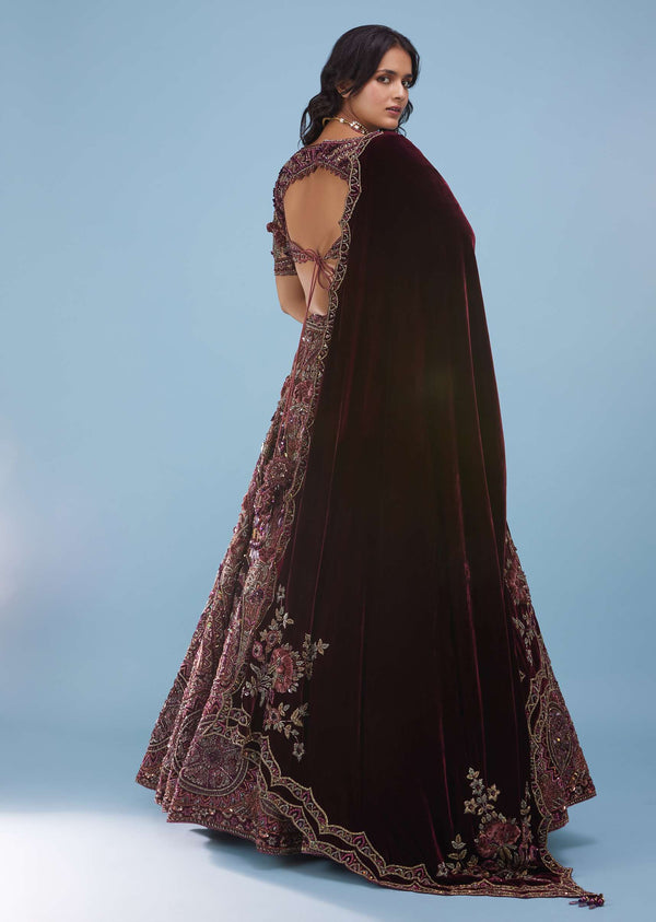 Chocolate Brown Archetypal Lehenga In Velvet Raw Silk With Heavy Embroidery And Trail - NOOR 2022