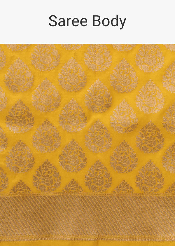 Citrus Yellow Saree In Pure Banarasi Silk With Upada Zari Weave Floral Butti Work