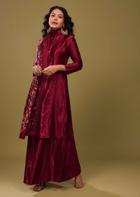 Scarlet Red Palazzo Suit In Gajji Silk With A Beautiful Velvet Floral Embroidered Dupatta