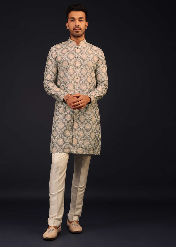 Fog Grey Kurta Set In Bangalore Silk With Embroidered Florals