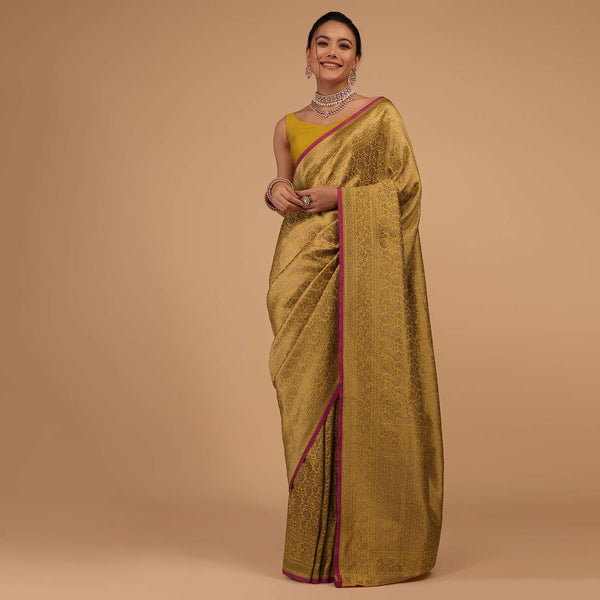 Gold Yellow Saree In Pure Banarasi Silk With Upada Zari Weave Floral Jaal Work