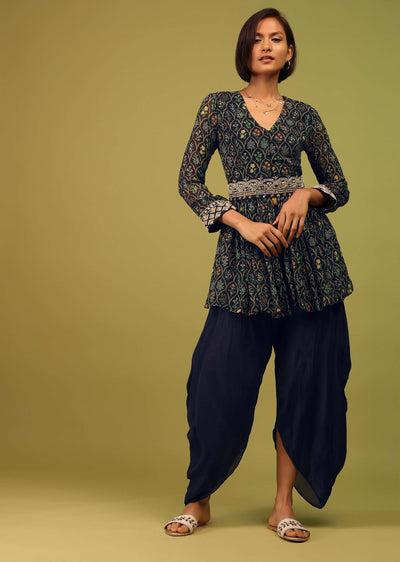 Navy Blue Dhoti Kurta Set In Georgette With Multicolor Floral Print & Embroidery