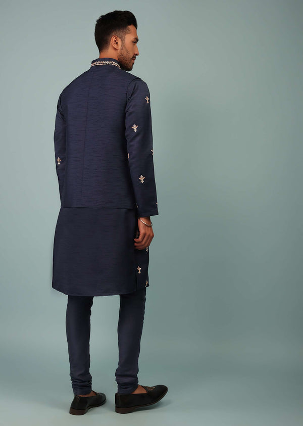 Persian Blue Bandi Jacket Set In Raw Silk With Floral Butti & Aari Embroidery