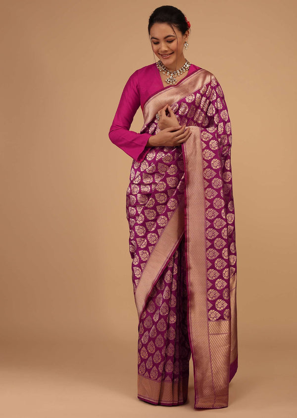 Plum Purple Saree In Pure Banarasi Silk With Upada Zari Weave Floral Butti Work