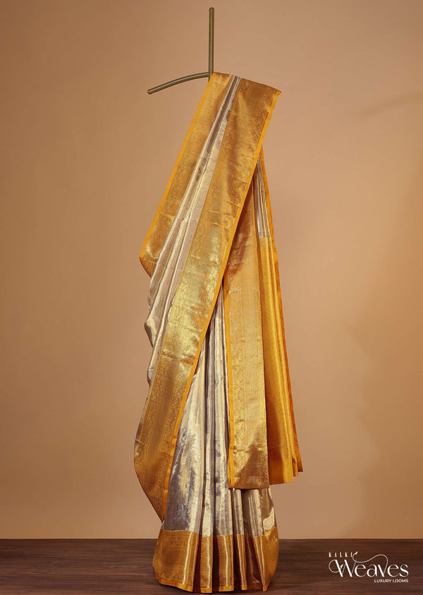Kanjivaram Silver-Gold Toned Tissue Saree With 7gm Real Zari And Unstitched Blouse