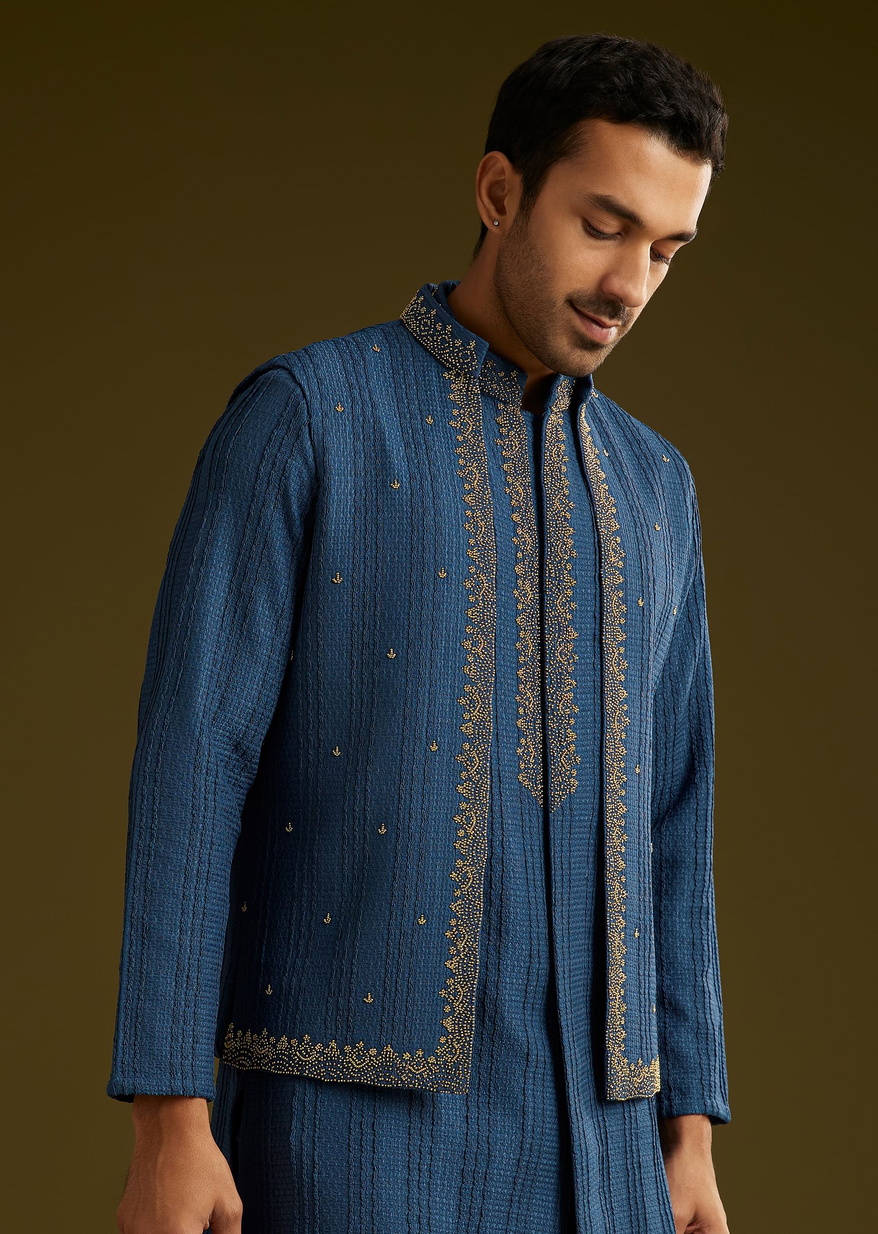 Buy Knit Kurta Jacket Set With Moti Work In Navy Blue| KALKI Fashion USA