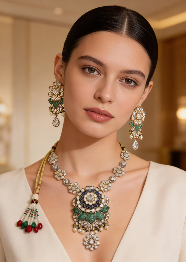 Kundan And Emerald Statement Necklace Set