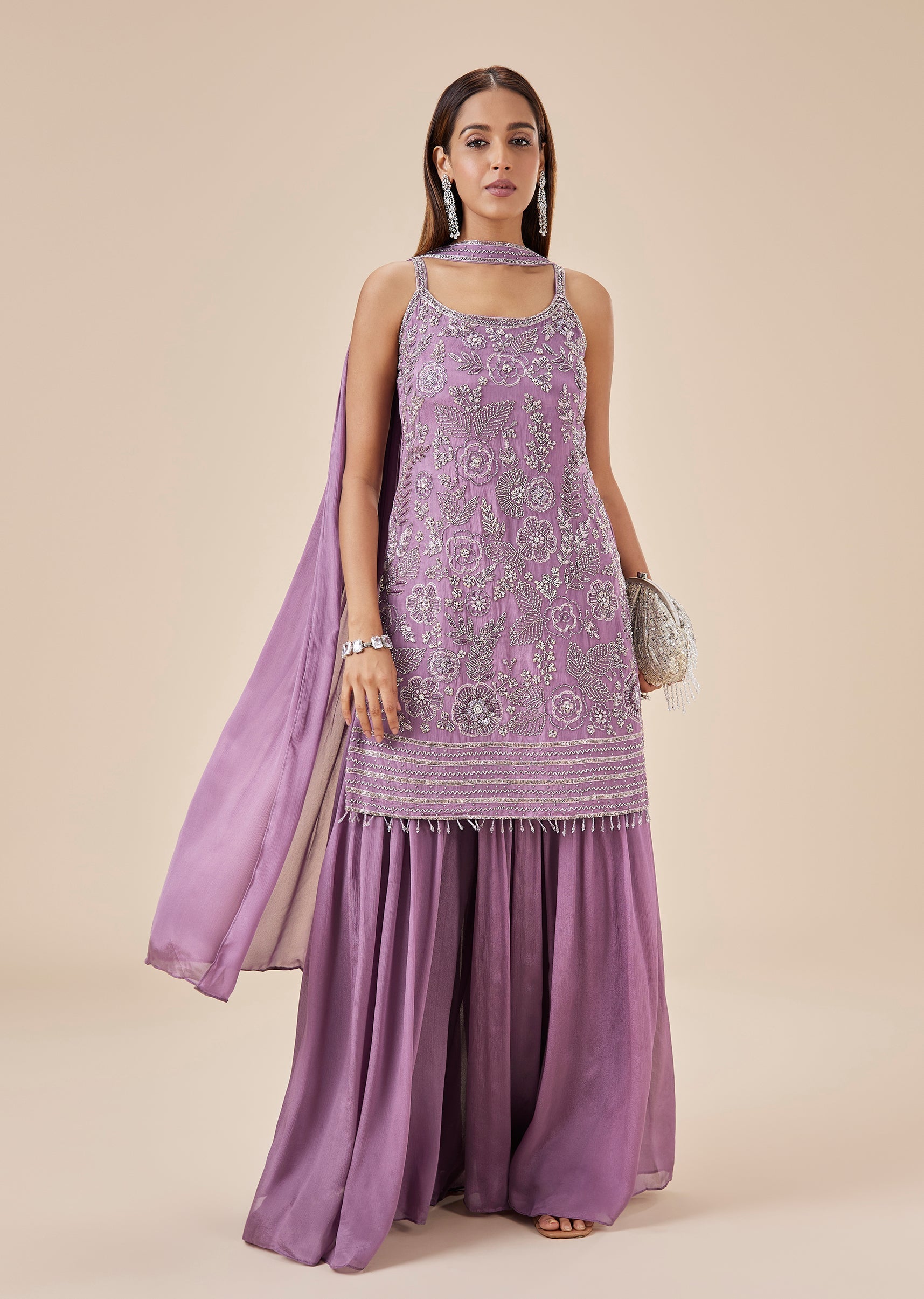 Lavender Chinon Kurta Palazzo Set With Cutdana Embroidery