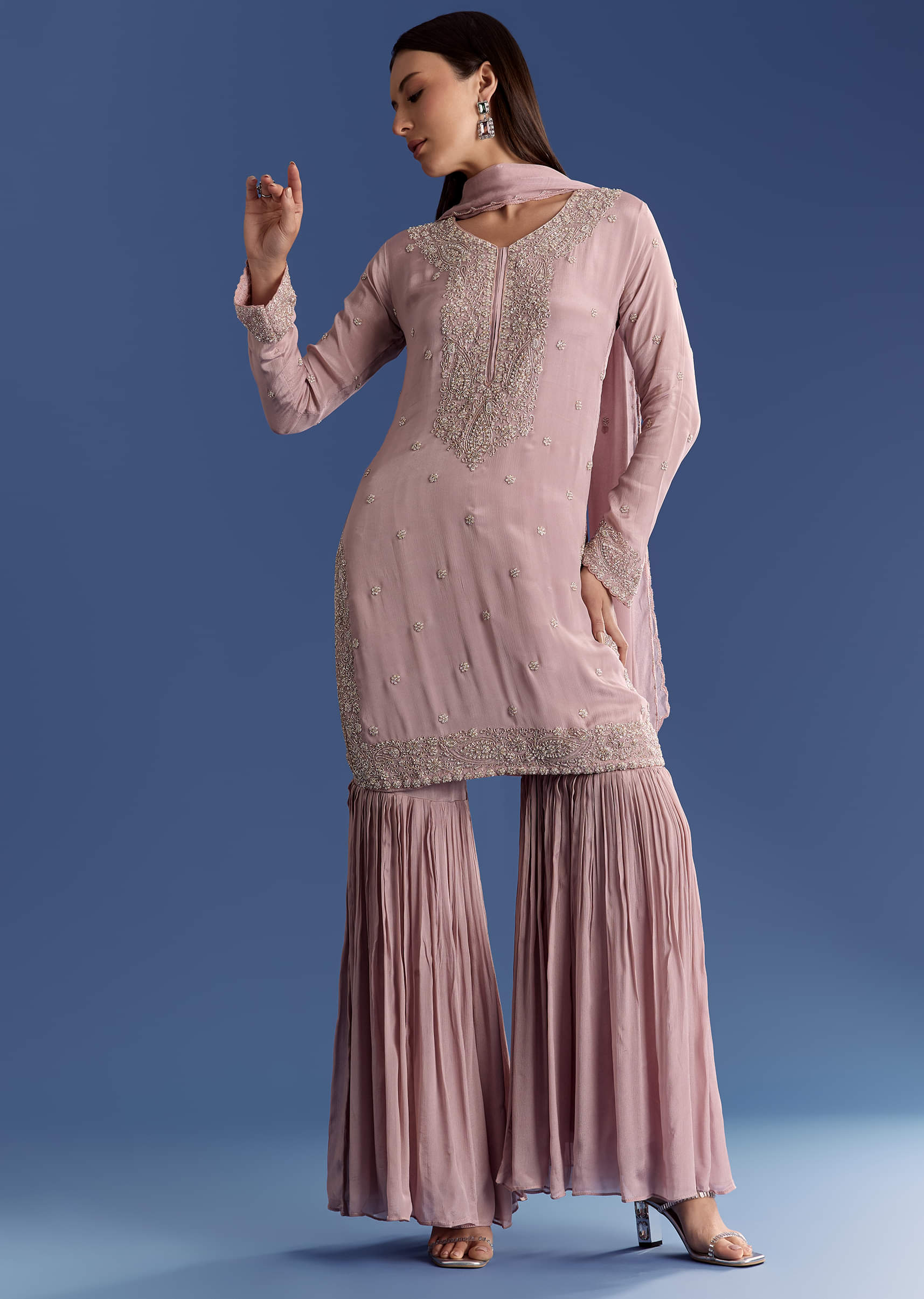 Lavender Chinon Kurta Set With Moti And Cutdana Dupatta