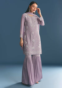 Lavender Chinon Kurta Sharara Suit With Moti Work