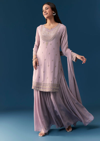 Lavender Chinon Palazzo Set With Sequins And Stone Work.