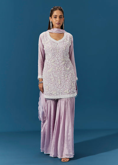 Lavender Chinon Sharara Suit With Cut Dana And Sequin Embroidered Kurta