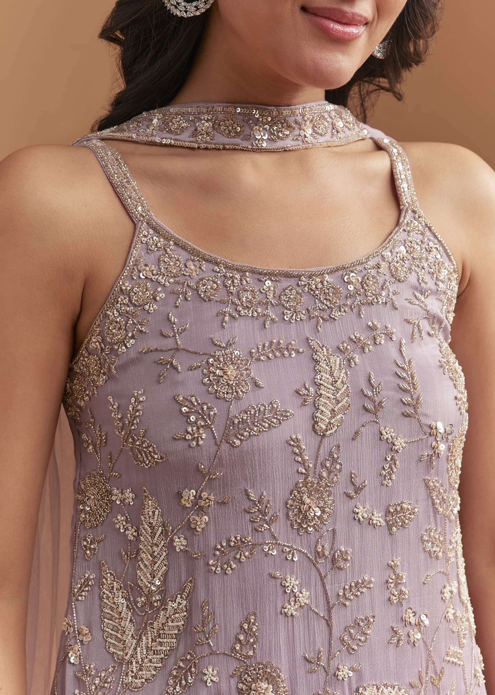 Lavender Chinon Sharara Suit With Cutdana And Sequins Work