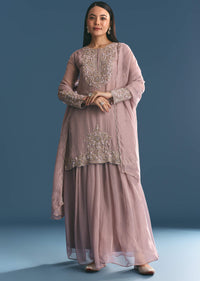 Lavender Organza Kurta Palazzo Suit With Zardosi Work