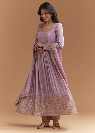 Lavender Tissue Anarkali Suit With Sequins And Beads Work