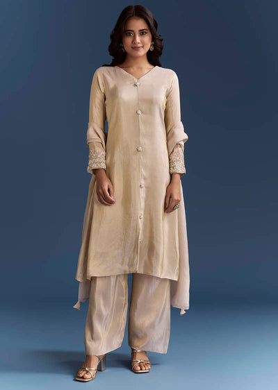 Beige Tissue Kurta Set With Organza Dupatta