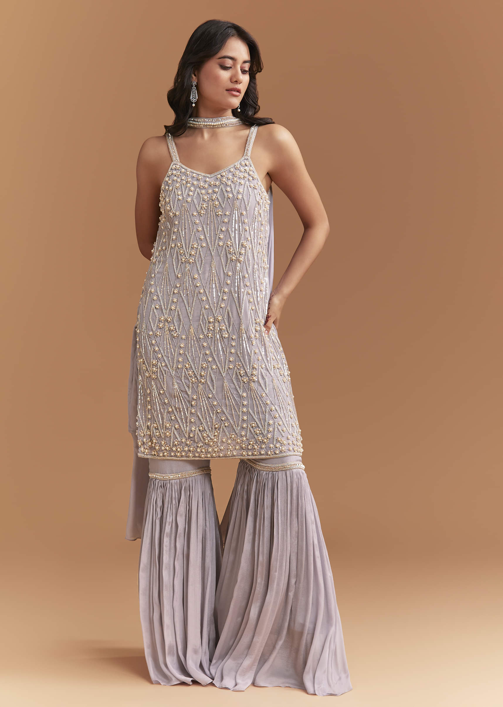 Lavender Chinon Sharara Suit With Beads And Moti Work
