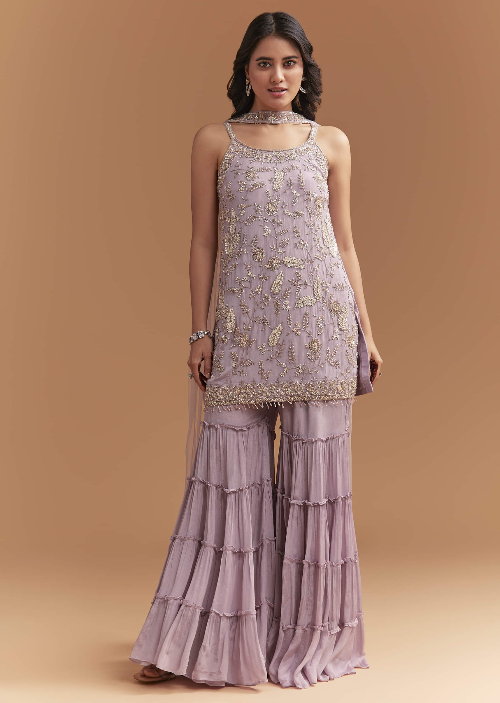 Lavender Chinon Sharara Suit With Cutdana And Sequins Work
