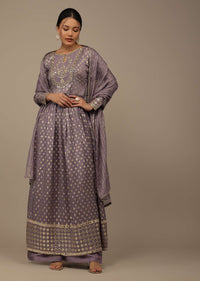 Lavender Purple Embroidered Palazzo Suit Set In Banarasi Brocade Silk