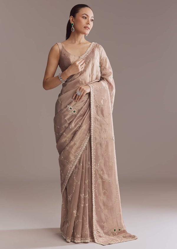 Lavender Tissue Saree With Heavy Floral Work