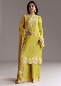 Lemon Green Printed Palazzo Set With Mirror Work