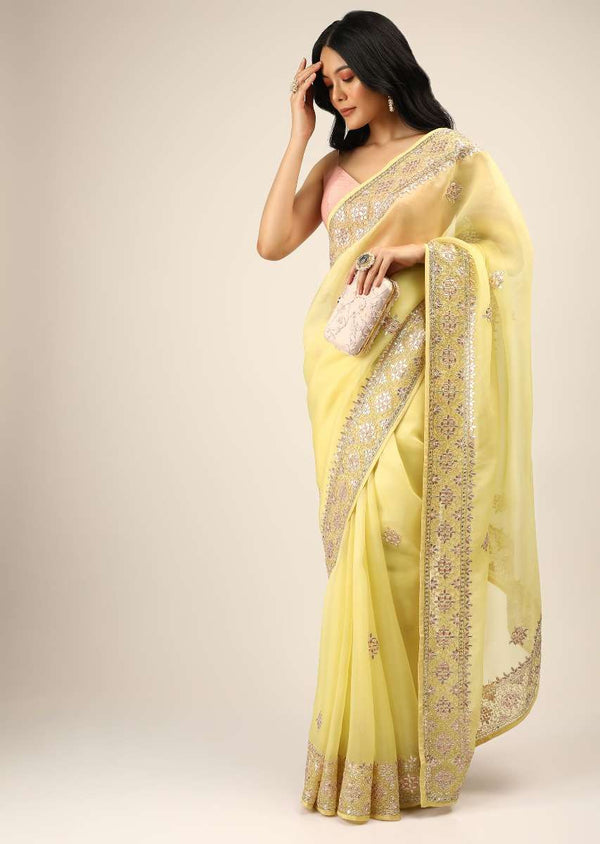 Lemon Yellow Saree In Organza With Gotta Patti And Cut Dana Embroidered Border And Butti Design