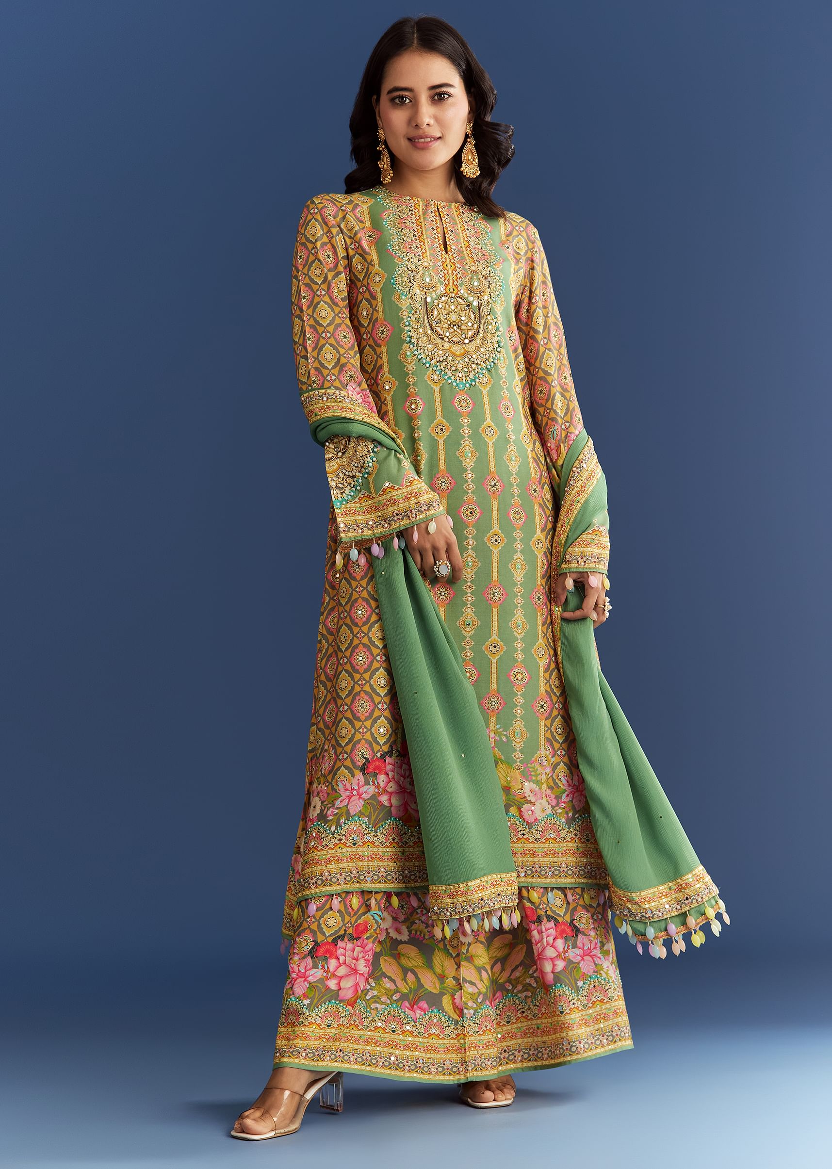 Light Aqua Green Cotton Muslin Kurta Dupatta With Printed Palazzo