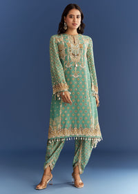 Light Aqua Green Crepe Printed Kurta Dhoti With Embroidery