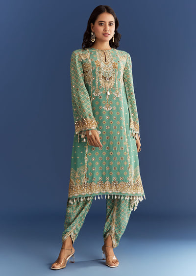 Light Aqua Green Crepe Printed Kurta Dhoti With Embroidery