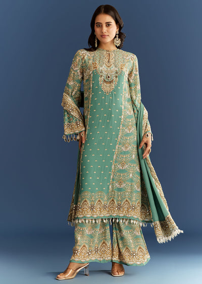 Light Aqua Green Crepe Printed Kurta Palazzo With Dupatta