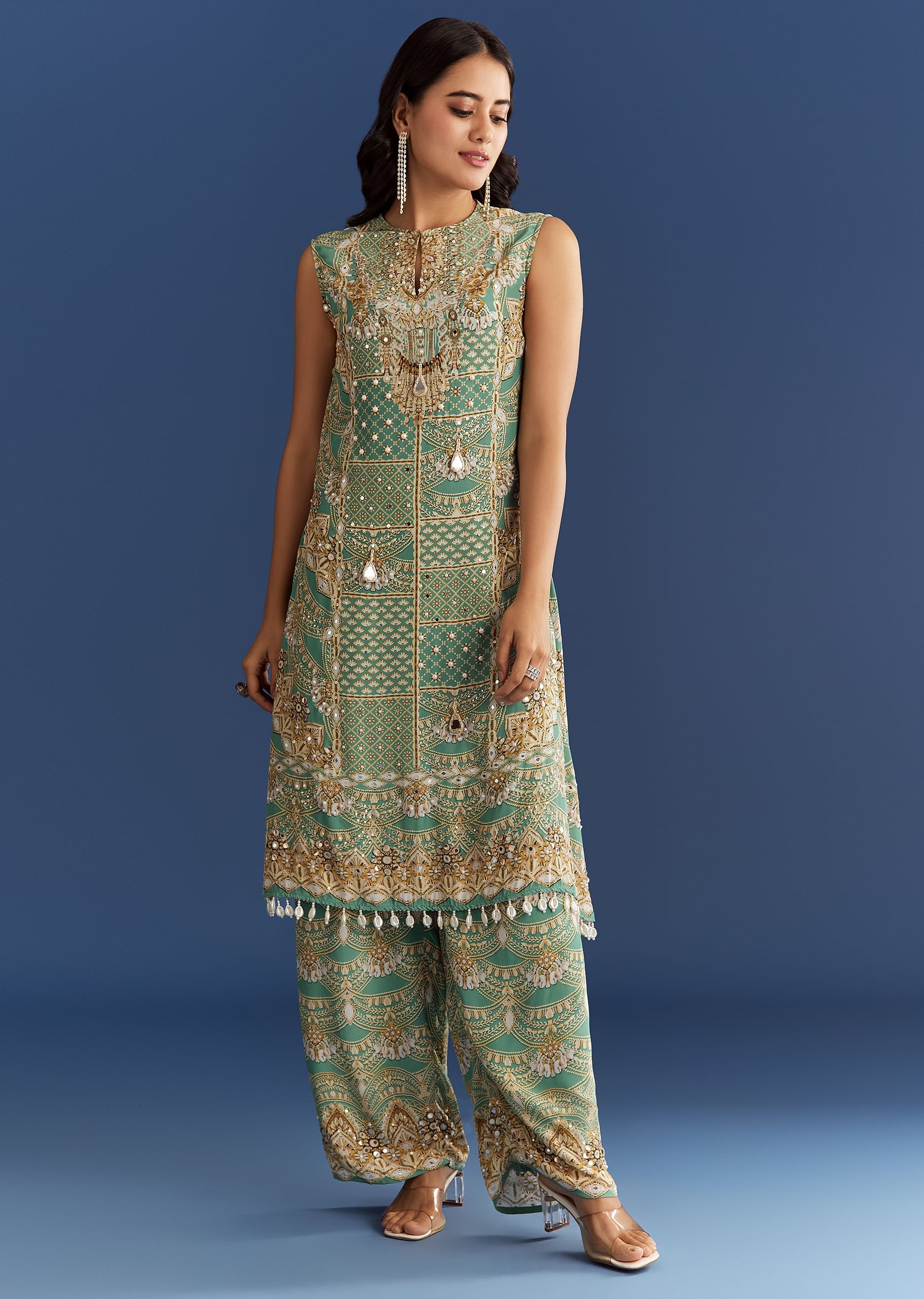 Buy Light Aqua Green Crepe Printed Kurta Pant With Shell Tassels| KALKI ...