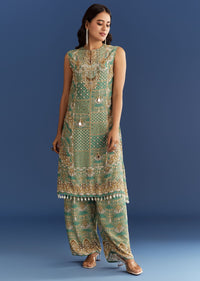 Light Aqua Green Crepe Printed Kurta Pant With Shell Tassels