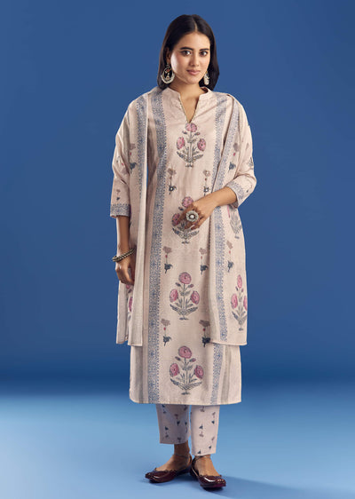 Light Beige Block Print Cotton Kurta Set With Mirror Work