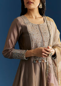 Light Brown Chanderi Anarkali With Gotta Lace And Crush Tissue Dupatta