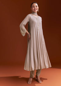 Light Brown Chinon Anarkali Suit With Moti And Zardosi Work