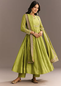 Light Green Chanderi Anarkali With Gotta Moti Neckline And Lace Dupatta