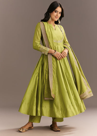 Light Green Chanderi Anarkali With Gotta Moti Neckline And Lace Dupatta