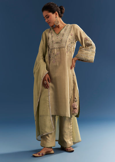 Light Green Chanderi Kurta Set With Organza Dupatta And Tassel Tie-Up Back