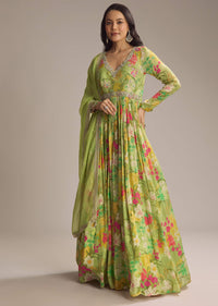 Light Green Chinon Anarkali Suit With Floral Print