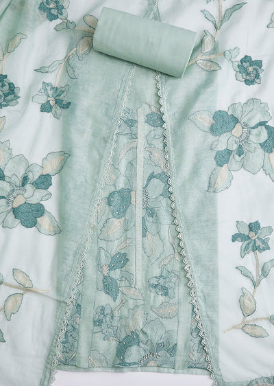 Light Green Cotton Embroidered Dress Material With Resham Threadwork