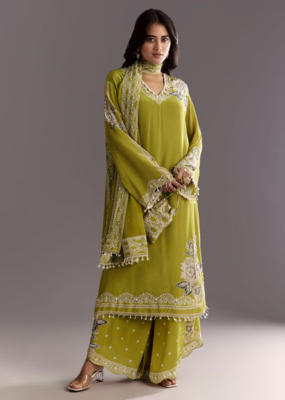 Light Green Moti Embroidered Kurta With Printed Palazzo