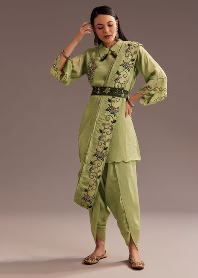 Light Green Zardosi Kurta With Embroidered Dupatta Belt