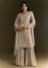 Light Grey Cutdana Zardosi Embroidered Kurta With Scallop Border Dupatta