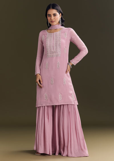 Light Onion Pink Chinon Kurta Sharara With Embellished Dupatta